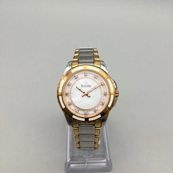 Bulova Womens Watch 33mm Two Tone 98P134 MOP Dial Diamonds New Battery 6.5" - Picture 2 of 14